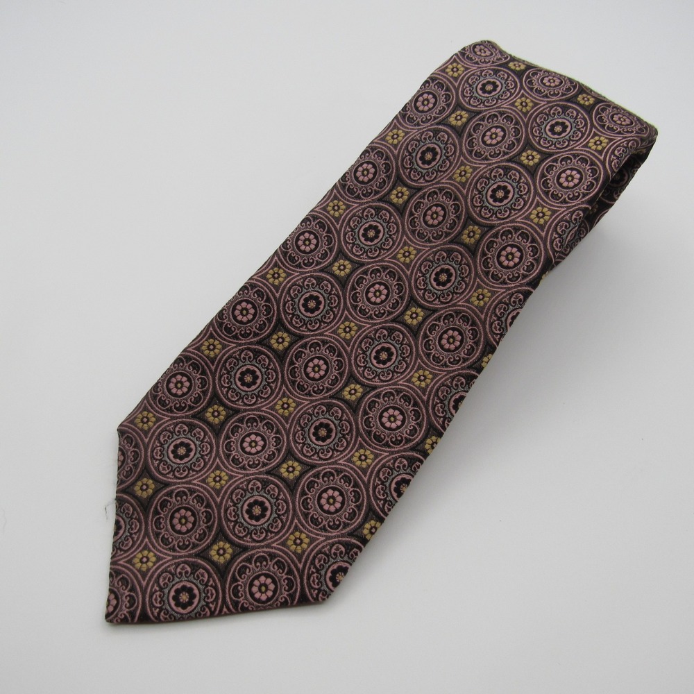 Silver Links 925 Tie Men's XL Pink Silk Medallion Floral Hand Made